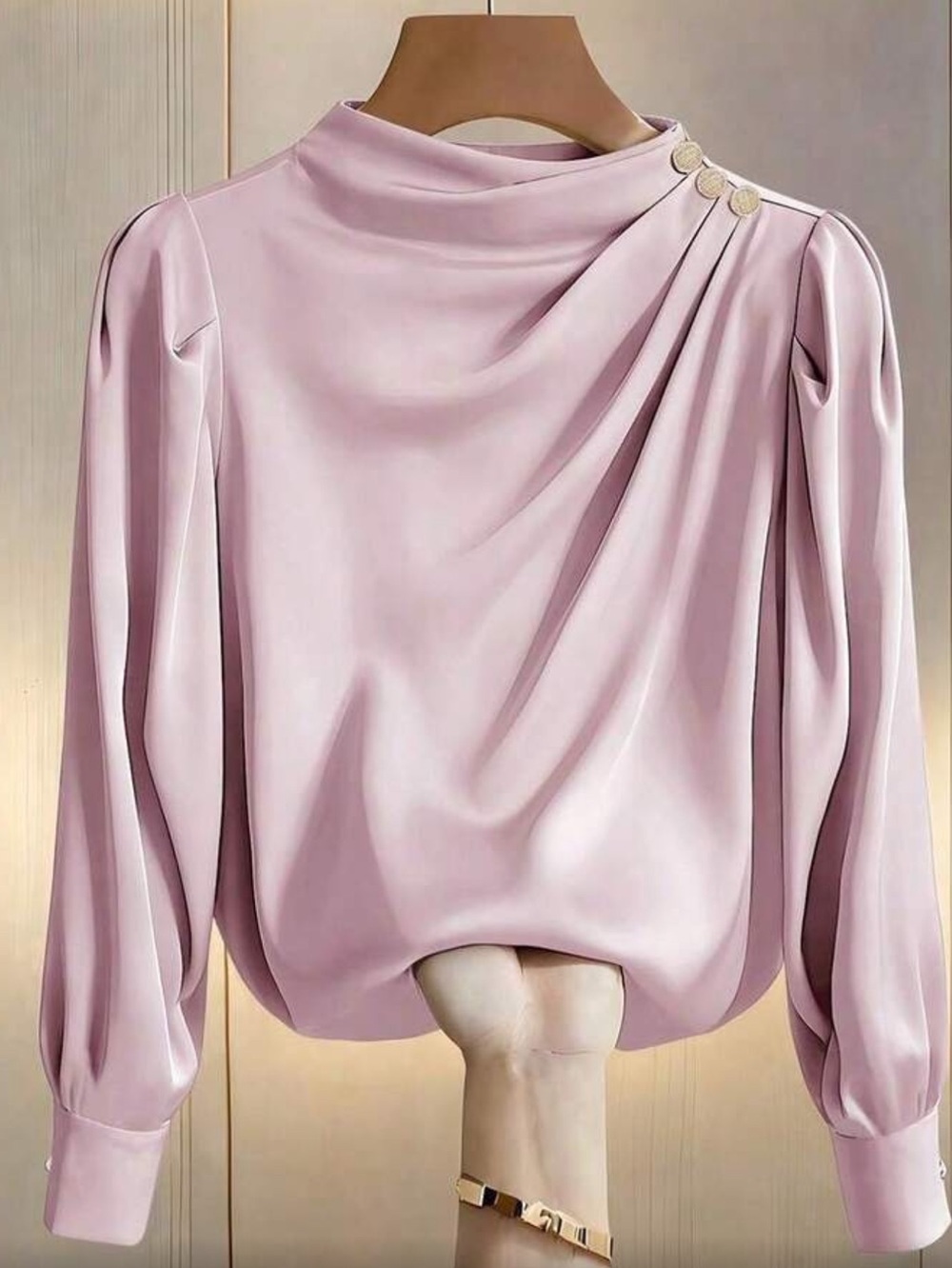 Elegant Pink Draped Women’s Blouse with Button Shoulder
